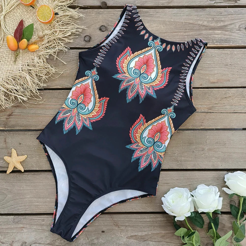 Oriental Print Stretch One-Piece Swimsuit