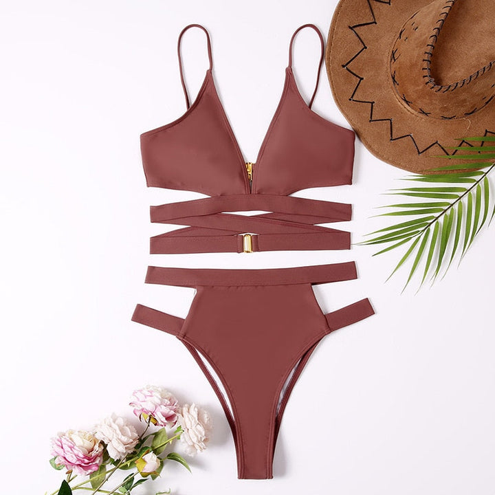 Strappy High-Waist Bikini Two-Piece Swimsuit