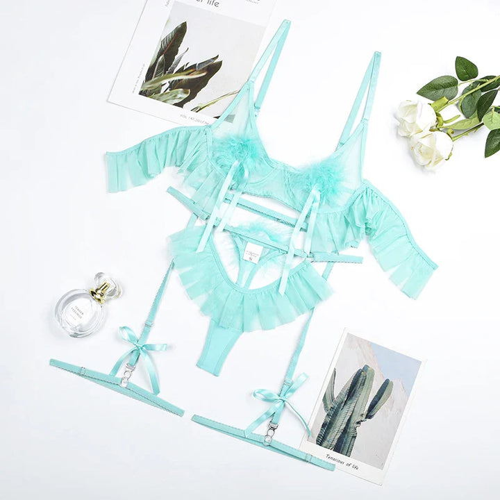 Mesh Ruffle and Pom-Pom Adjustable Lingerie Set