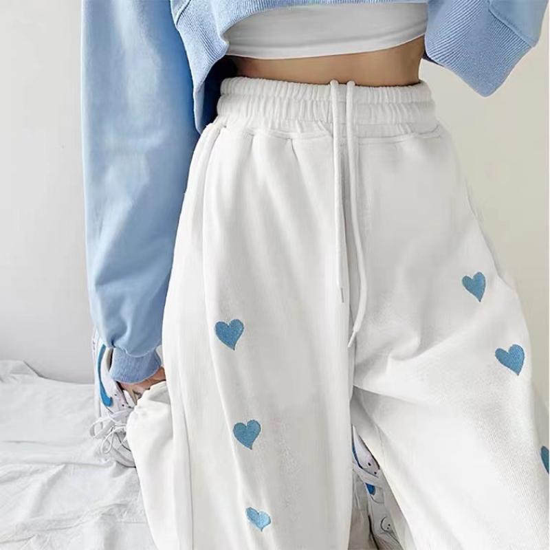 Heart Print Jogger Pants Tie Waist Pockets Cuffs