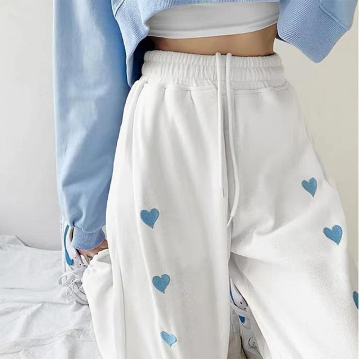 Heart Print Jogger Pants Tie Waist Pockets Cuffs