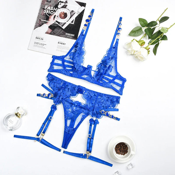 3-Piece Triangle Half-Cup Thong and Garter Set