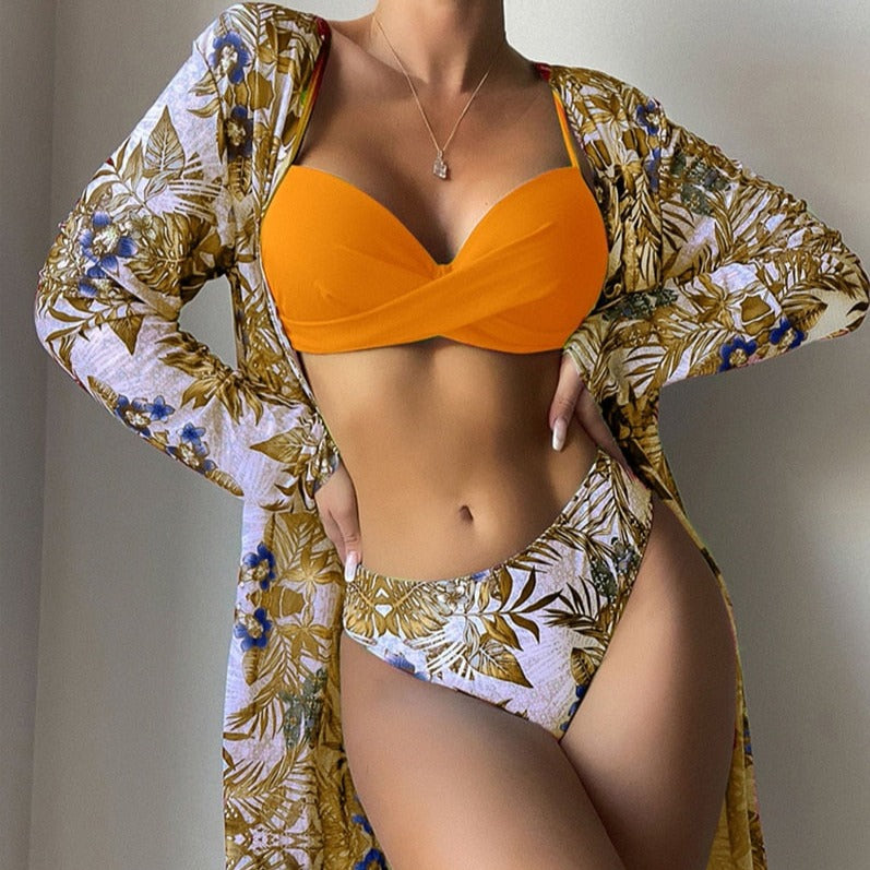 3-Piece Bikini Set Push-Up Bra Decorative Detail