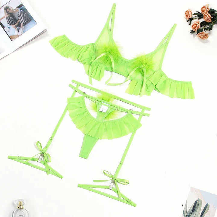 Mesh Ruffle and Pom-Pom Adjustable Lingerie Set