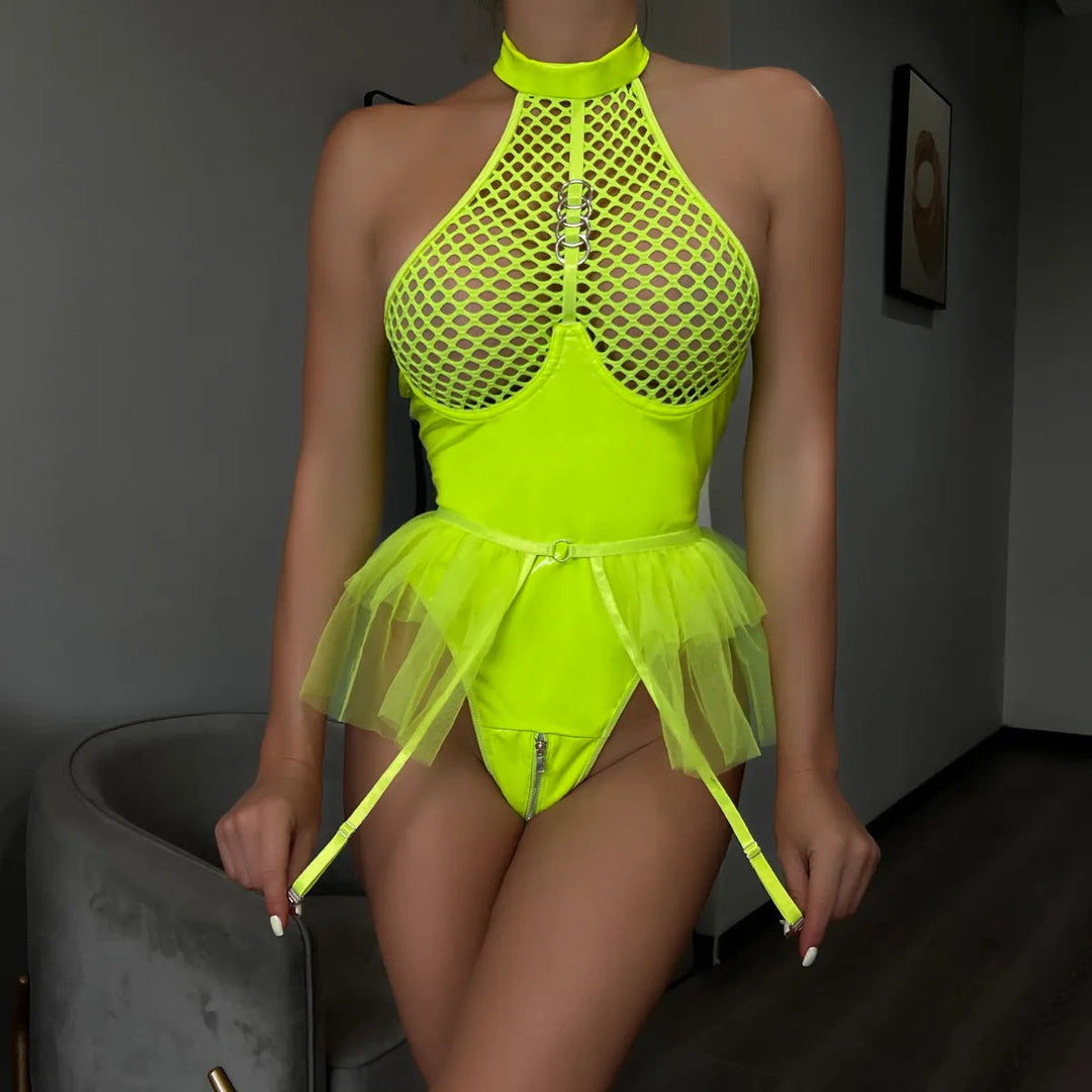 Shimmer Mesh Tulle Garter Open-Corset Bodysuit