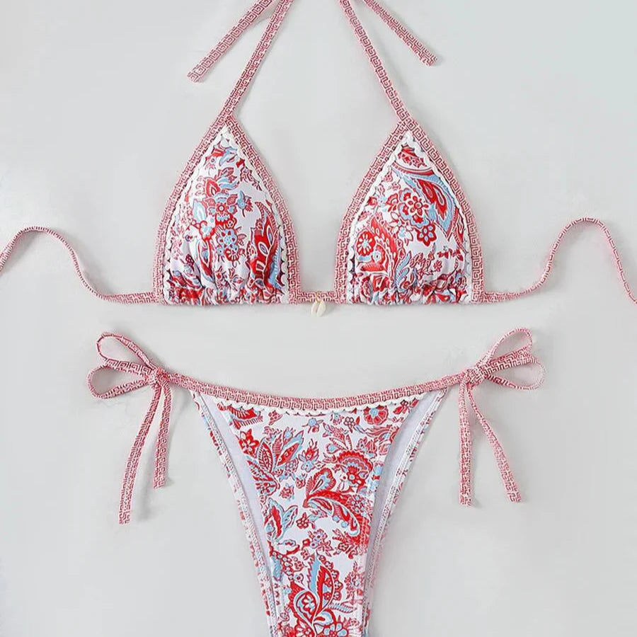 Floral Mosaic Tie Decorative Two-Piece Bikini