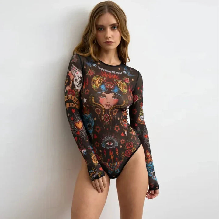 Long-Sleeve Oriental Print One-Piece Swimsuit