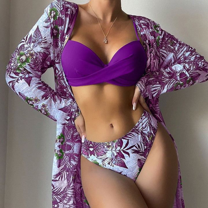 3-Piece Bikini Set Push-Up Bra Decorative Detail