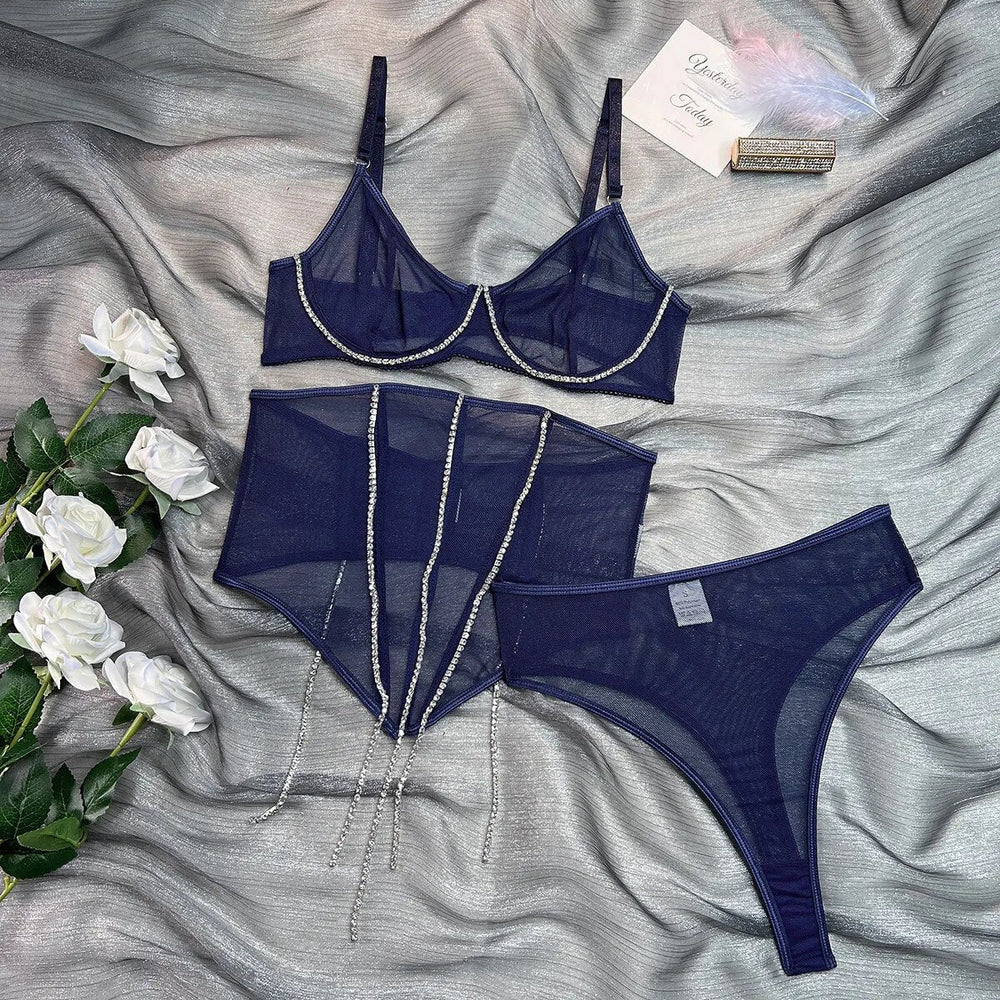 Mesh Corset Thong and Bra Adjustable Set
