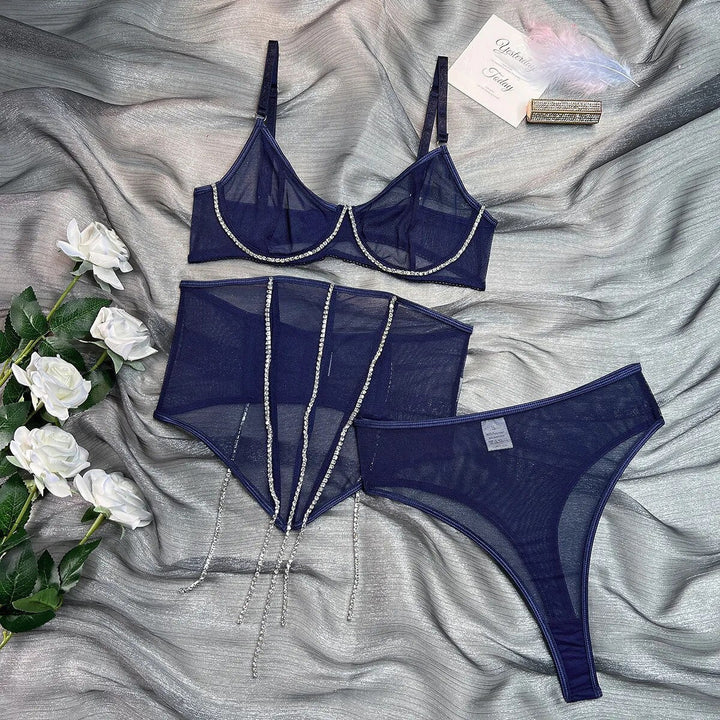 Mesh Corset Thong and Bra Adjustable Set