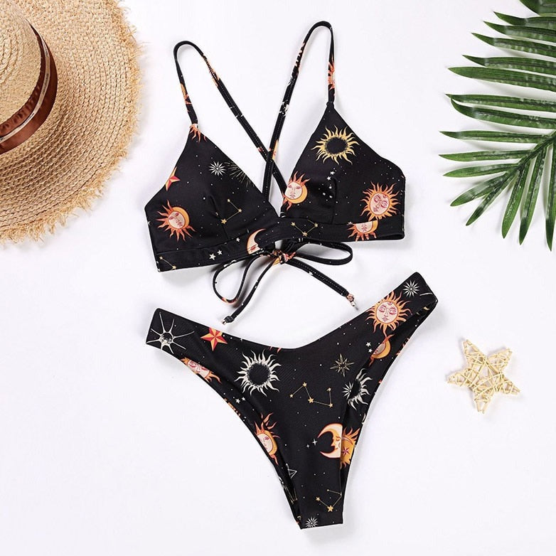 Star Print Two-Piece Swimsuit Push-Up Wireless Bra