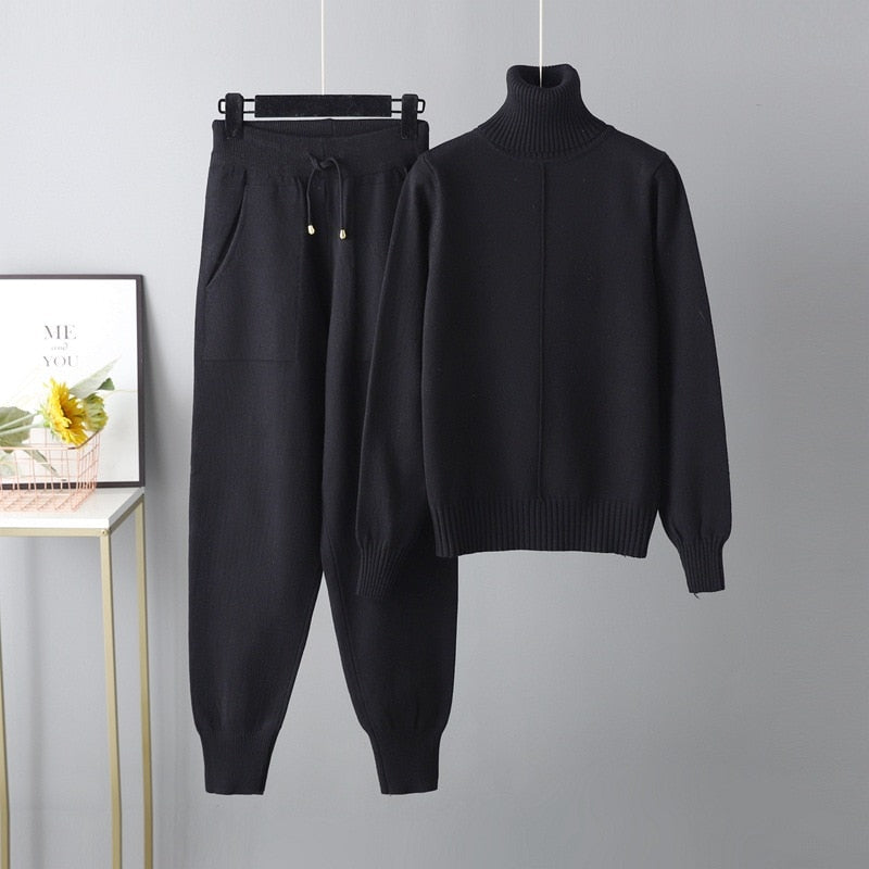 Ribbed Turtleneck Knit Sweater and Pants Lounge Set