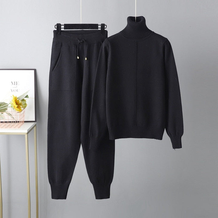 Ribbed Turtleneck Knit Sweater and Pants Lounge Set