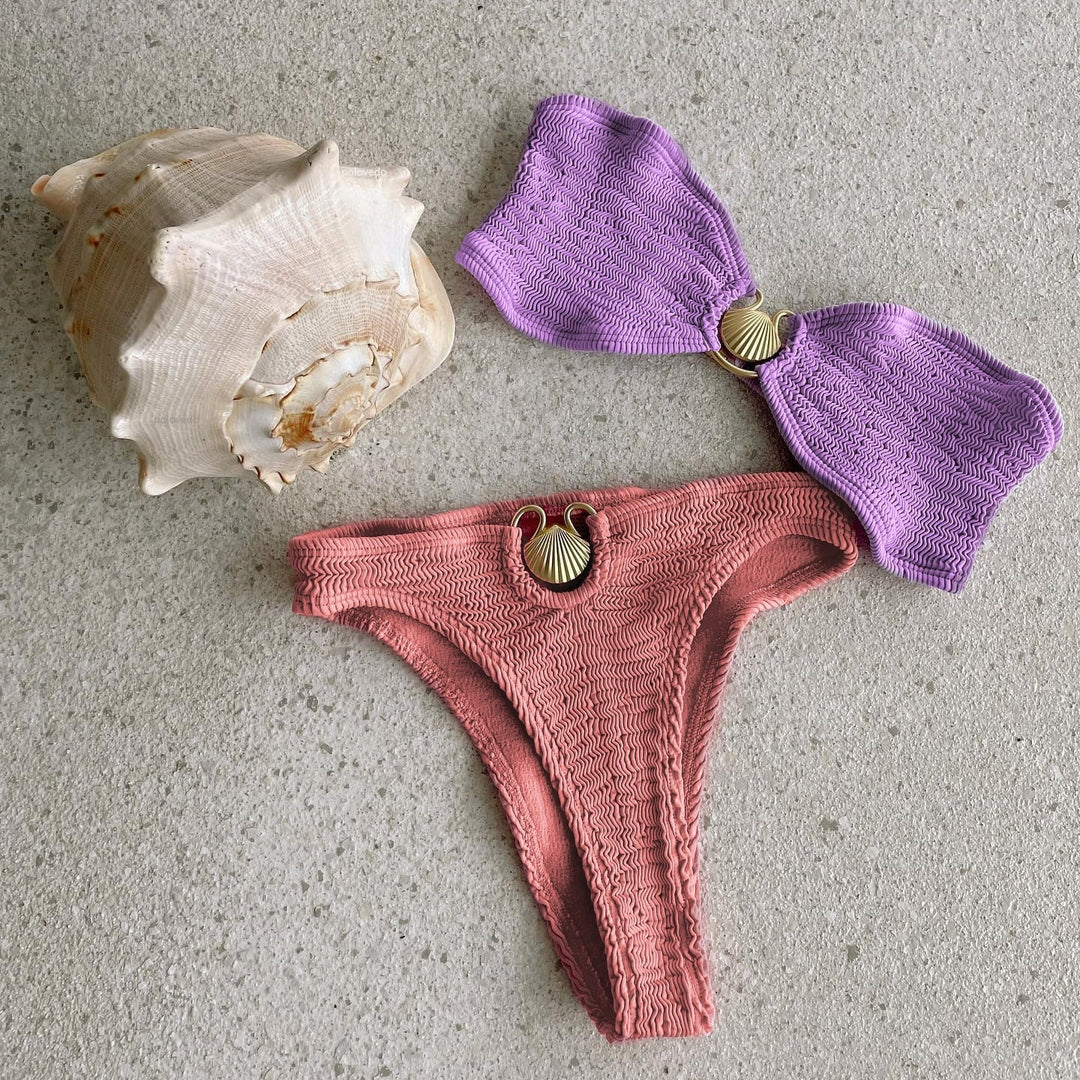 Strapless Ribbed High-Waist Bikini Hardware Detail