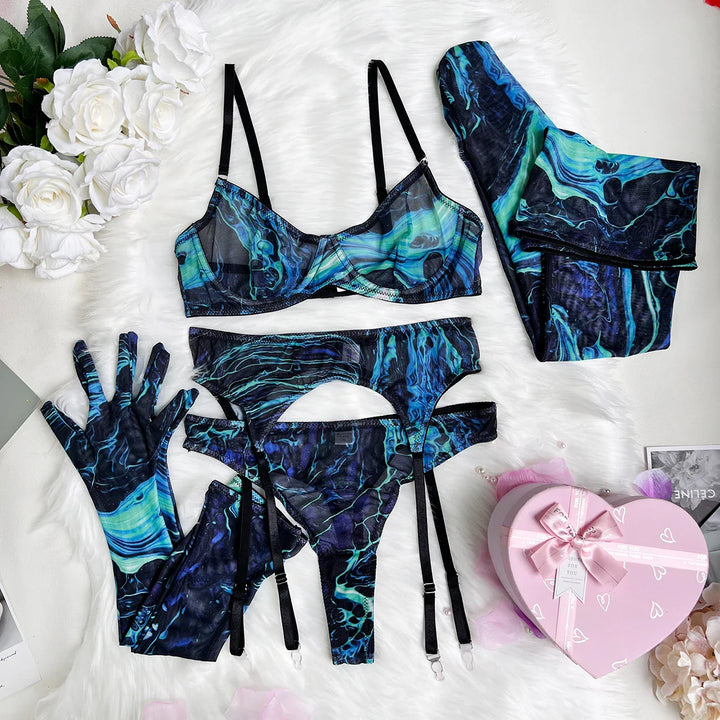 5-Piece Tie-Dye Mesh Thong Lingerie Set