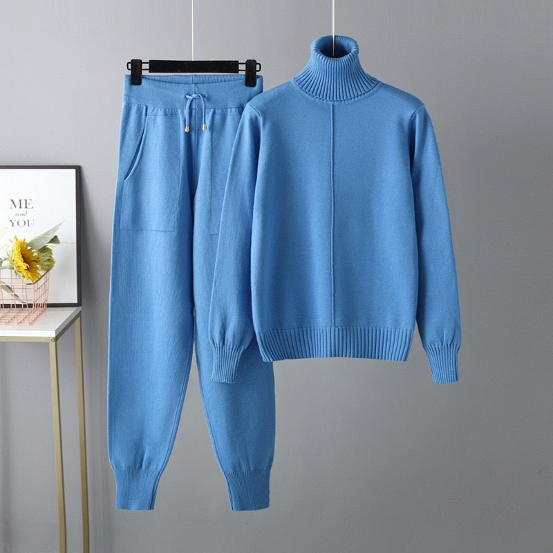Ribbed Turtleneck Knit Sweater and Pants Lounge Set