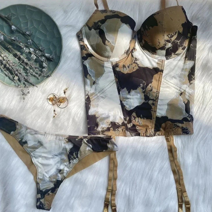 Tie-Dye 3/4-Cup Thong Corset Lingerie Set