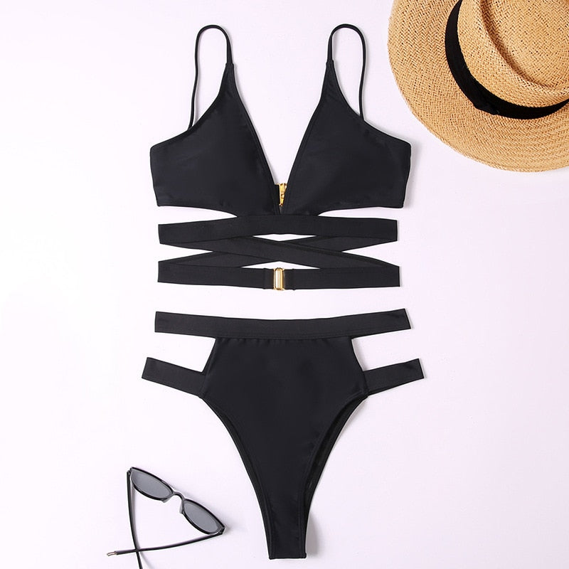 Strappy High-Waist Bikini Two-Piece Swimsuit