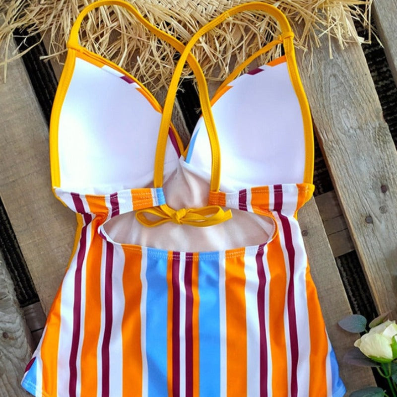 One-Piece Swimsuit with Decorative Belt Cross-Back