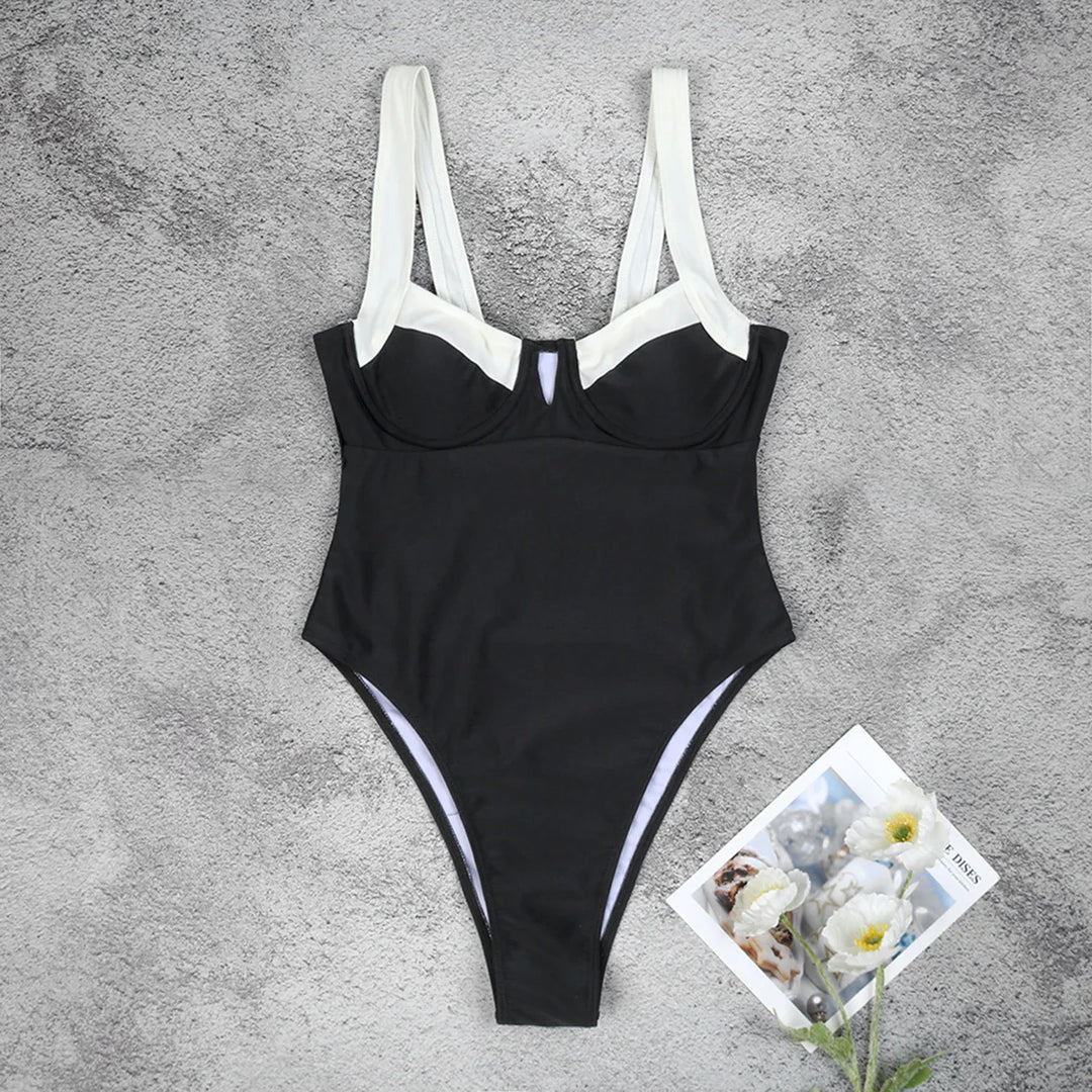 Two-Tone Minimalist High-Cut One-Piece Swimsuit