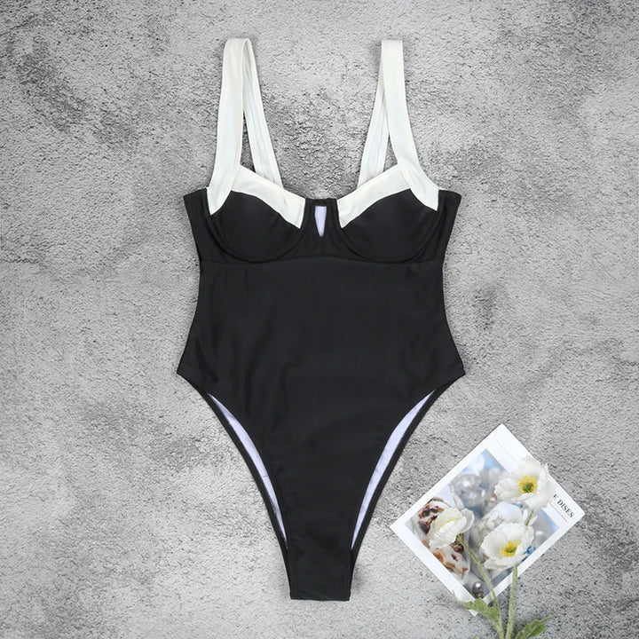 Two-Tone Minimalist High-Cut One-Piece Swimsuit