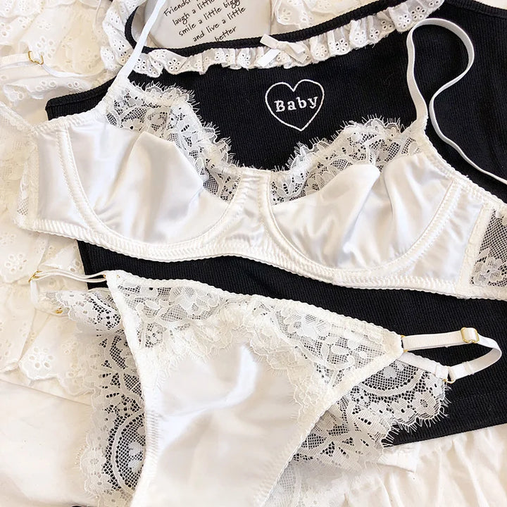 Lace-Trim Underwire Bra and Thong Lingerie Set