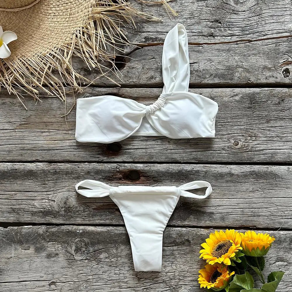 One-Shoulder Ruched Tie-Detail Bikini
