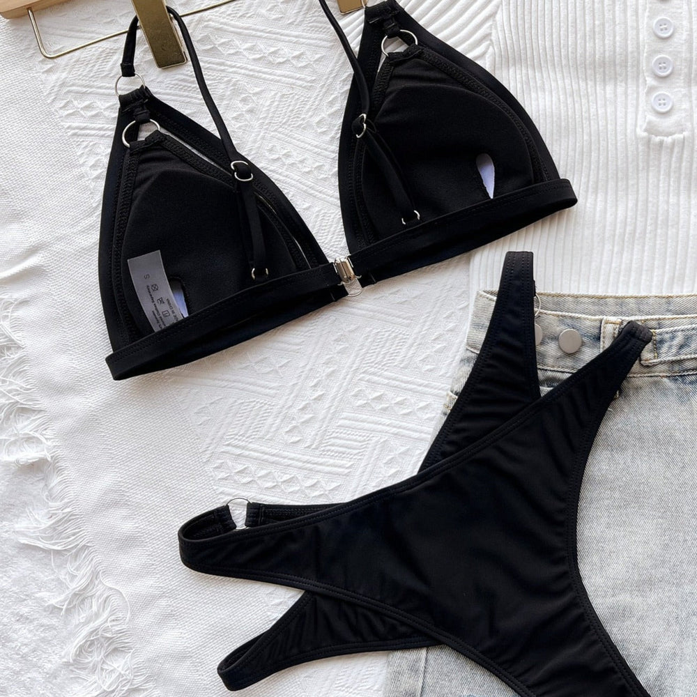 High-Waist Plunge Two-Piece Swimsuit Decorative Straps