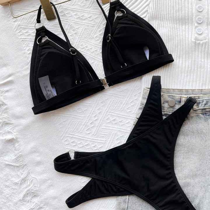 High-Waist Plunge Two-Piece Swimsuit Decorative Straps