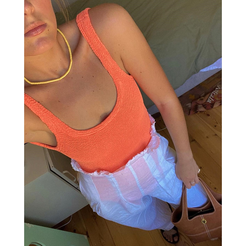 Ribbed One-Piece Swimsuit with Deep Back Cut