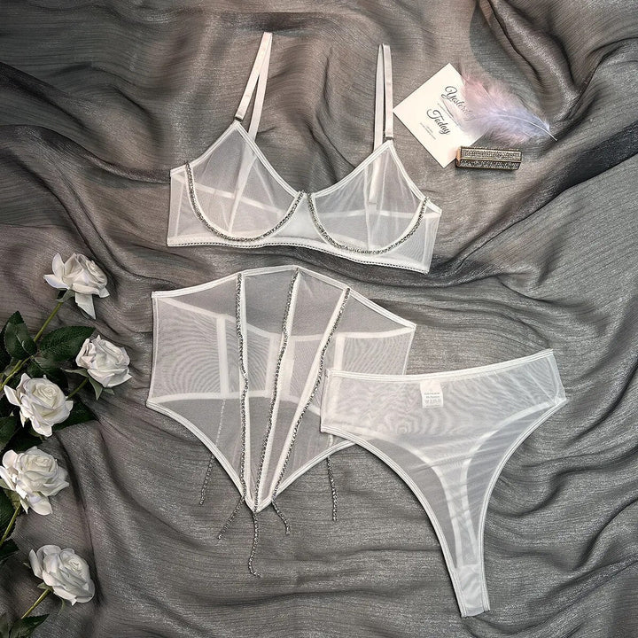 Mesh Corset Thong and Bra Adjustable Set
