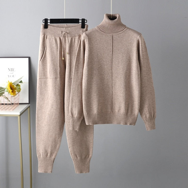 Ribbed Turtleneck Knit Sweater and Pants Lounge Set