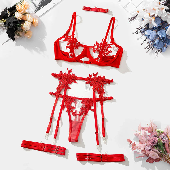 5-Piece Embroidered Mesh Lingerie Set