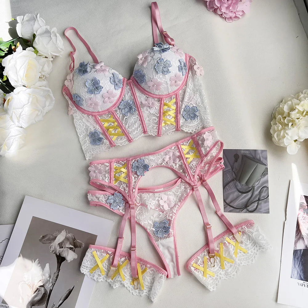 4-Piece Floral Bustier 3/4-Cup Thong Set