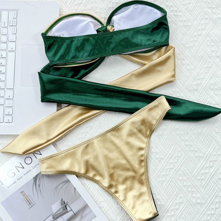 Two-Tone Two-Piece Swimsuit Push-Up Wireless Bra