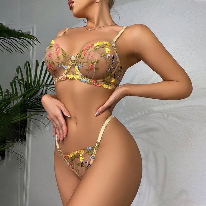 Embroidered Colourful Floral Lingerie Set