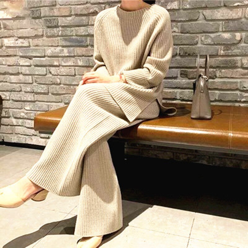 Ribbed Warm Sweater Straight-Leg Pants Relaxed Set