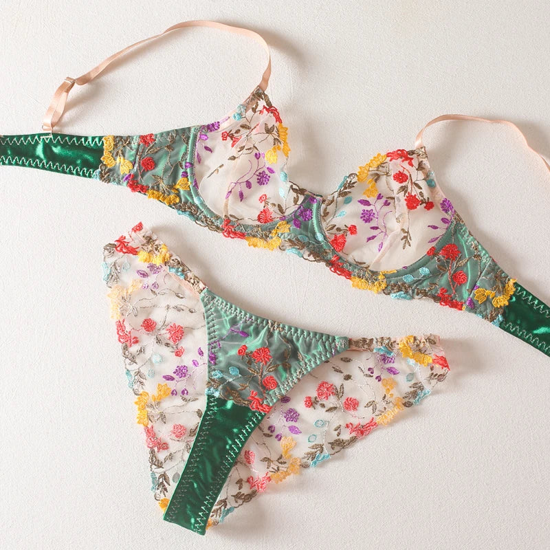 Floral Satin-Insert Mesh Lingerie Set