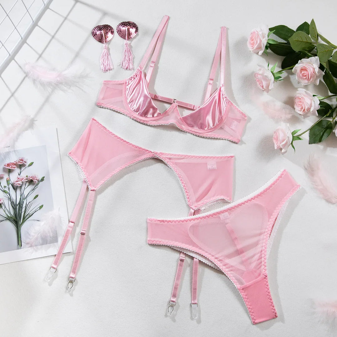 4-Piece Mesh Decorative Lingerie Set with Nipple Covers