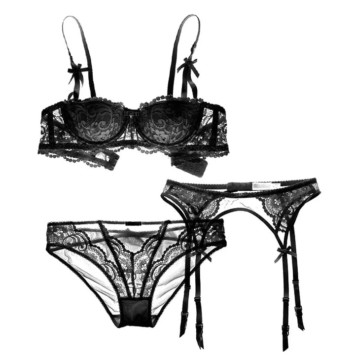 Lace Underwire Bra Panties and Garter Belt Set