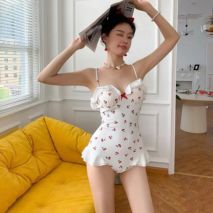 Cherry Print Push-Up Ruffle One-Piece Swimsuit