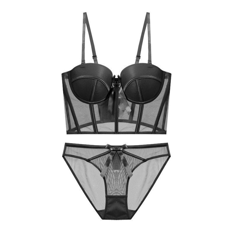 Corset-Style Mesh Lingerie Set with Bows
