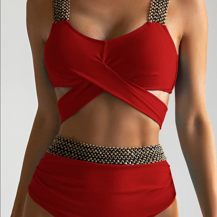 High-Waist Two-Piece Swimsuit Underwired Bra Back-Tie