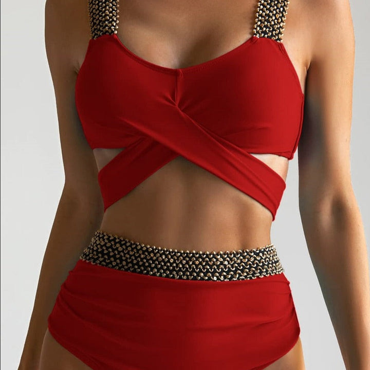 High-Waist Two-Piece Swimsuit Underwired Bra Back-Tie