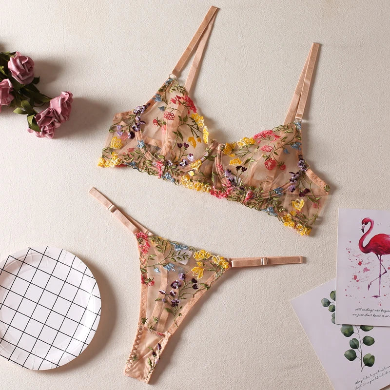 Embroidered Colourful Floral Lingerie Set