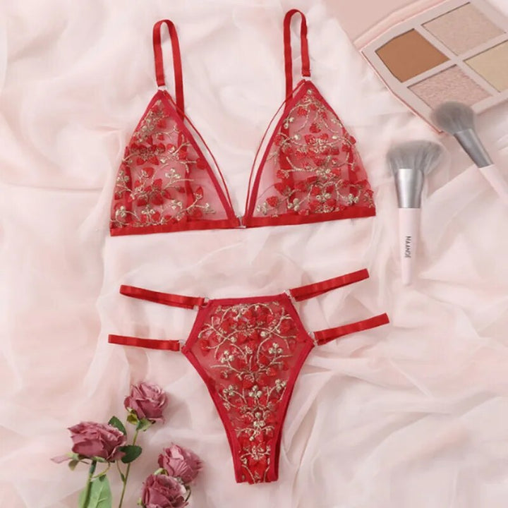 Embroidered Elastic-Waist Mesh Lingerie Set