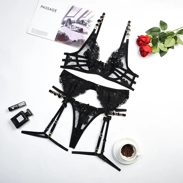 3-Piece Triangle Half-Cup Thong and Garter Set