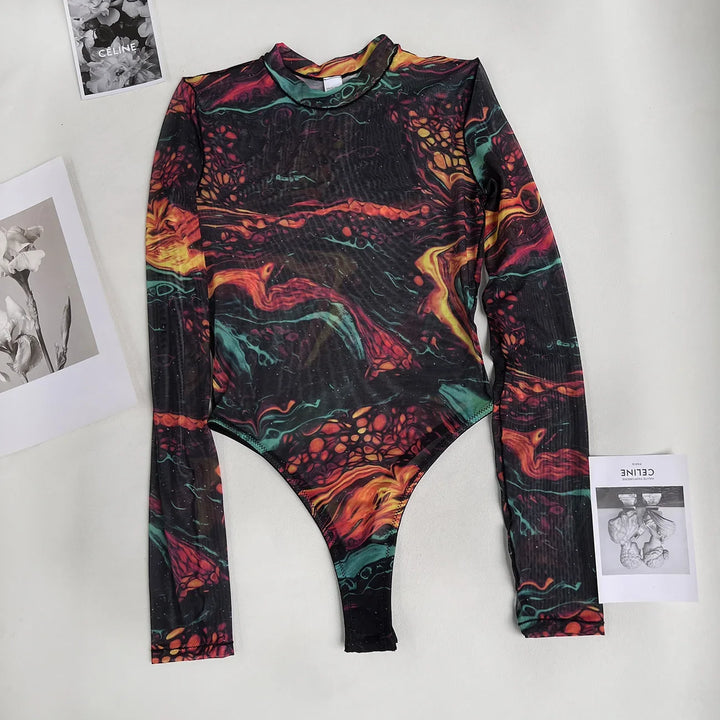 High-Leg Stand-Collar Long-Sleeve Printed Bodysuit