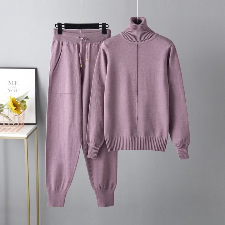 Ribbed Turtleneck Knit Sweater and Pants Lounge Set