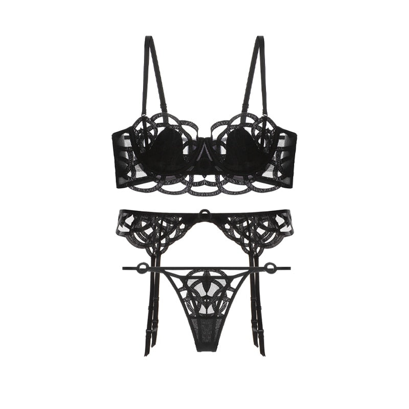 3-Piece Mesh-Insert Lingerie Set Adjustable Straps